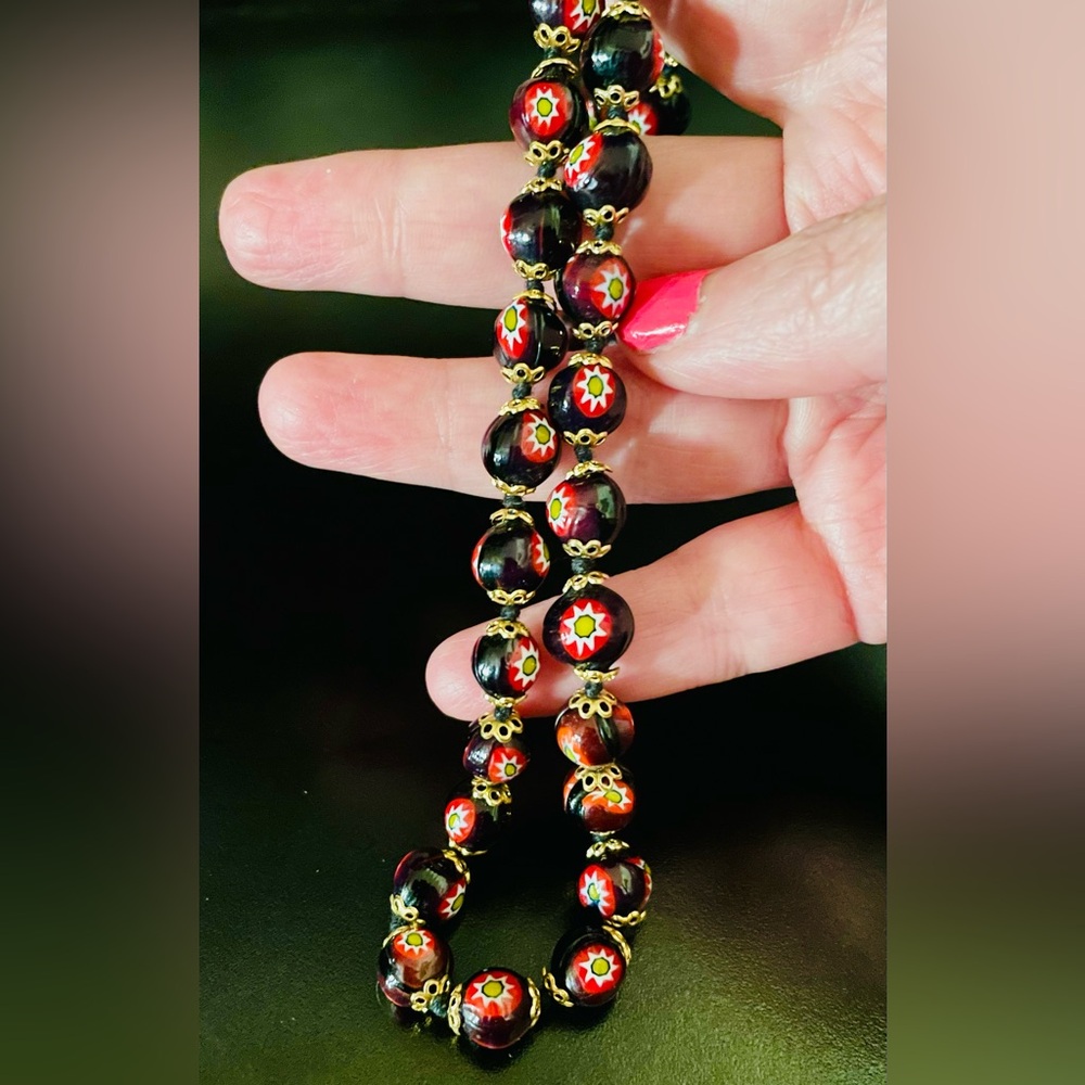 Murano Venetian Millefiori Glass Round Bead Necklace